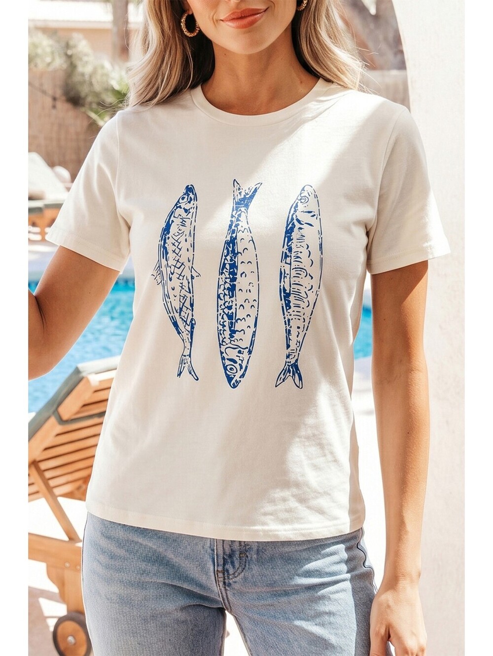 Women's Cream Short Sleeve T-Shirt with Blue Fish Print [COPY]